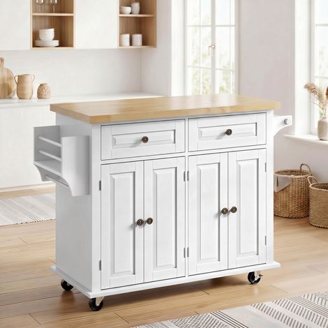 Îlot Central Cuisine avec Plateau en Hévéa, Desserte de Cuisine sur Roulettes avec 2 Tiroirs, 111 x 44,5 x 82,5cm, blanc (1/5)