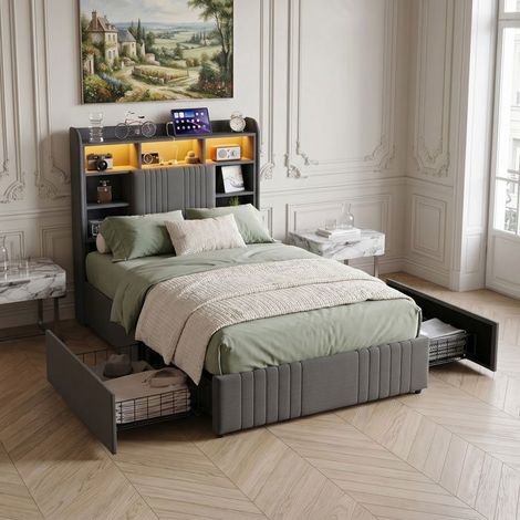Cama simple - Cama 90x200 cm - Cajones de almacenamiento - Cabecera con USB y LED RGB - Somier de lamas incluido (1/5)