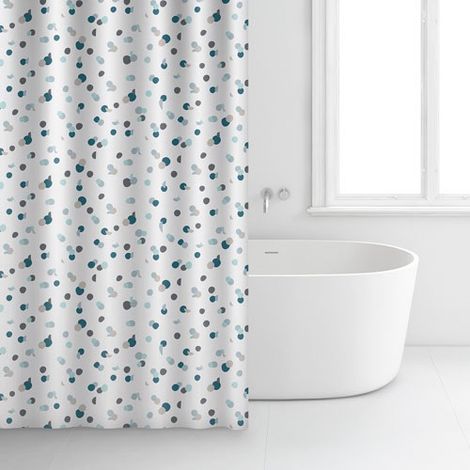 Rayen Duschvorhänge Dusch- oder Badewannenvorhang Wasserdicht Polyester Schnell trocknend Undurchsichtig PVC-Ringe Enthält 12 Haken ca. 180 x 200 cm Weiß mit blauen Polka Dots