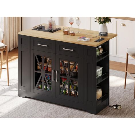 Modernluxe - Îlot central de cuisine mobile à plateau extensible avec USB, 2 tiroirs et 2 portes, MDF - noir (1/5)