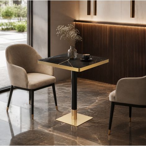 Tavolo da pranzo 60x60x74 cm, design quadrato effetto marmo, bordo dorato, MDF e metallo nero (1/5)