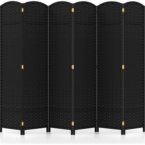 COSTWAY Biombo Divisor de 6 Paneles, Biombo Separador de Ambientes de 170 cm con Textura Tejida a Mano y Marco de Madera Maciza, Decoración Habitación para Salón, Dormitorio, Oficina, Patio (Negro) (1/5)