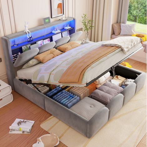 Cama con almacenamiento 140x200cm tapizada con LED, USB/Type-C, elevación hidráulica, estructura estable, terciopelo - gris (1/5)