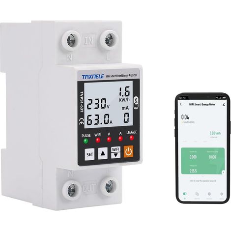 Compteur d'énergie Intelligent WiFi AC 63A 80-300V Fuite Terre Intelligente sur sous Tension Protecteur Relais Dispositif Interrupteur disjoncteur énergie Puissance kWh mètre Smart Life 230V (BLACK) (1/5)