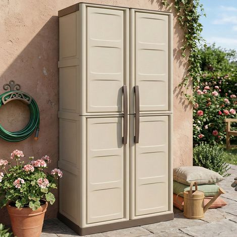 Dmora – Armoire de jardin 2 portes – 3 étagères réglables en polypropylène – Résistante aux intempéries – Dimensions 70x39x165 cm – Couleur beige - 70x39h165 (1/5)