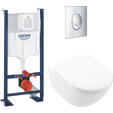 Lot WC modèle suspendu VILLEROY ET BOCH Universo TwistFlush blanc CeramicPlus + bâti et plaque chromée GROHE