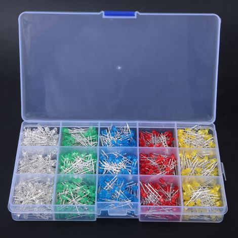 Lot de 1000 LEDs 3mm multicolores Rouge Jaune Bleu Vert Blanc, diodes électroluminescentes assorties, boîte de rangement (1/5)