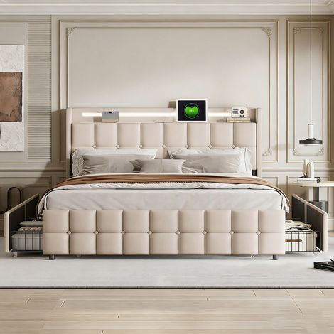 Lit double 160x200cm avec 4 tiroirs,Structure de lit avec avec Ports USB et éclairage LED,Sommier à lattes,Lin,Beige
