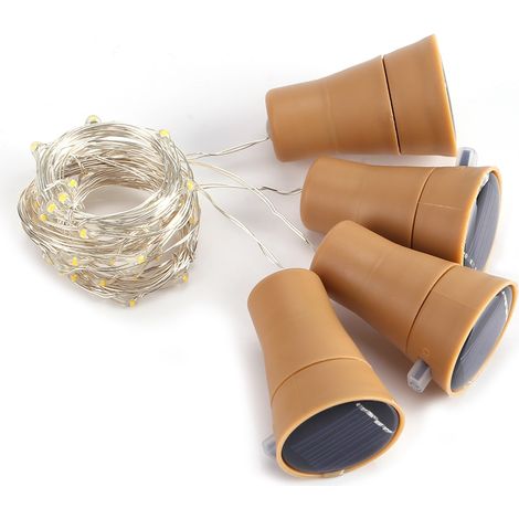 Guirnalda de luces solares de 4 piezas con forma de tapón de botella, 10 LED, luz nocturna, decoración para fiestas y celebraciones, luz blanca cálida. (1/5)