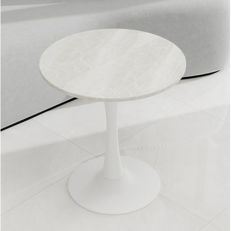 MEUBLIV Table basse ronde 70 cm blanc – finition marbre, pied central pour 2 personnes (1/5)
