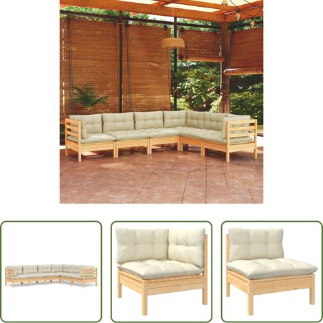 Terrassensofa - 6-tlg. Garten-Lounge-Set mit Creme Kissen Massivholz Kiefer (1/5)