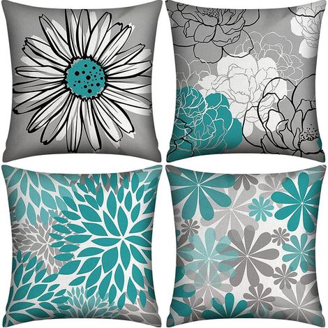 Housse de coussin vert d'eau 45x45 cm Lot de 4 Taies décoratives turquoise et gris pour canapé Modèle marguerite moderne Coussin pour salon chambre extérieur Déco maison (Vert, 45x45 cm) (1/5)