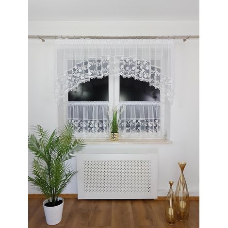 Juego de cortinas de cocina con pliegues: gasa, encaje 3D, lazo, cinta fruncidora. (1/5)