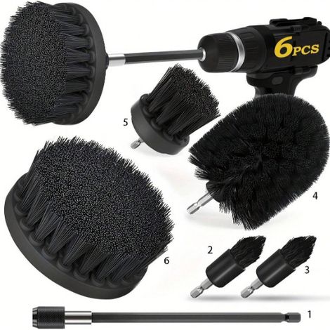 Ensemble de 6 brosses pour perceuse – Nettoyeur électrique – Accessoire allongé – Multi-usages – pour salle de bain, cuisine, joints (noir) (1/4)