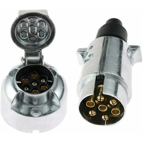 Prise Remorque 7 Broches Mâle Métal Et Prise Remorque 7 Broches Femelle Métal,12V Adaptateur Prise pour Remorque 7 Broches fiche Attelage remorque 7 Broches mâle Aluminium Étanche(SKM0701) (1/5)