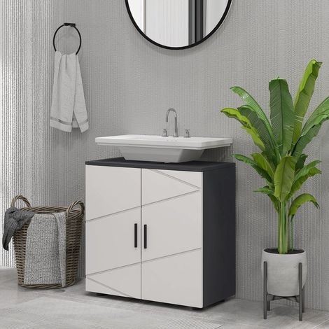Mobile sottolavabo in legno grigio 60x30x60 cm con ripiano regolabile e doppia anta (1/5)