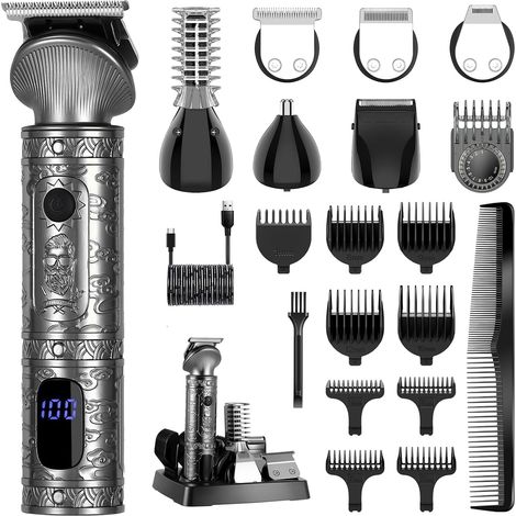 Herren-Barttrimmer, professioneller Haarschneider mit 0-mm-T-förmiger Klinge für die Glatzenrasur, elektrischer Rasierer, Präzisionstrimmer für Nase und Körper, 7-in-1, Grau (1/5)