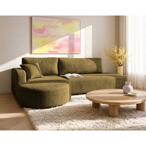 Miro - canapé d'angle gauche 4 places convertible avec coffre en velours texturé - vert olive (1/5)