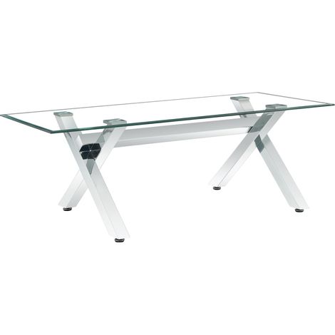 Table Basse IXE Métal Chrome Plateau Verre Trempé Transparent 120x60x45cm (1/5)