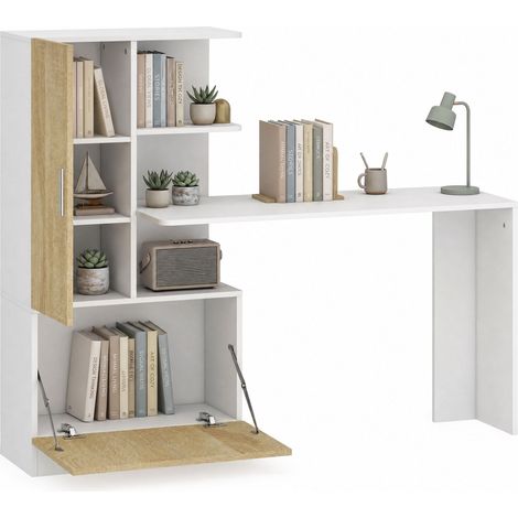 Bureau d'ordinateur - HOMCOM - bibliothèque, placard et étagères ouvertes - bois - 150 x 55 x 122 cm - blanc et naturel (1/5)