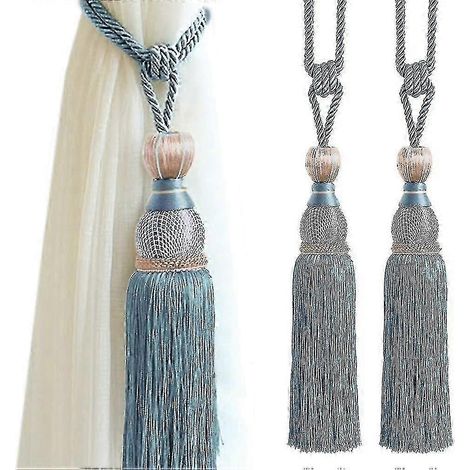 Lot de 2 embrasses de rideaux tressées à la main, avec pompons décoratifs, couleur bleu paon. Accessoires pour fenêtres. (1/5)
