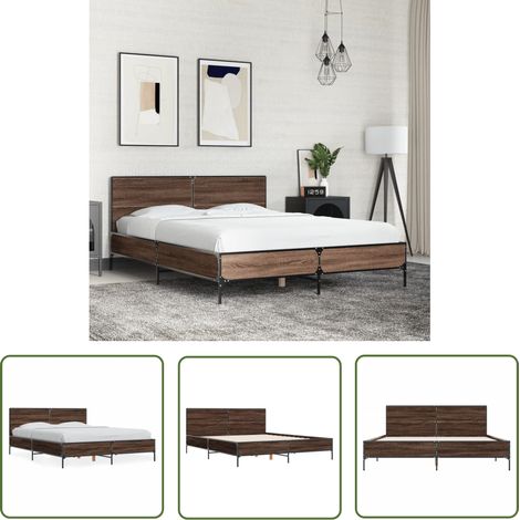 The Living Store Bettgestell Braun Eichen-Optik 120x190 cm Holzwerkstoff Metall - Holzbettfassungen - Doppelbett - Bettenrahmen - Eiche Optik - Massivholzbette (1/5)