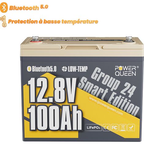Power Queen – Batterie lithium 12V 100Ah 1280Wh LiFePO4 – Protection basse température – Bluetooth 5.0 – Pour bateau, camping-car, solaire, hors réseau - Groupe24 (1/5)