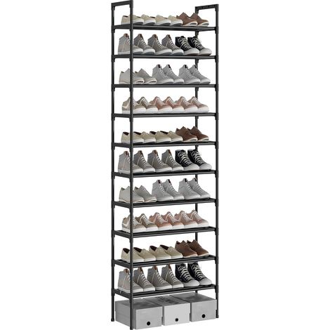Besonders stabiles Schuhregal aus 12 mm starkem, schwarzem Stahlrohr, 10 Ebenen, hohe Ablage für 20 bis 30 Paar Schuhe, ideal für Eingangsbereich oder Wohnzimmer, Maße: 56 x 30 x 170 cm