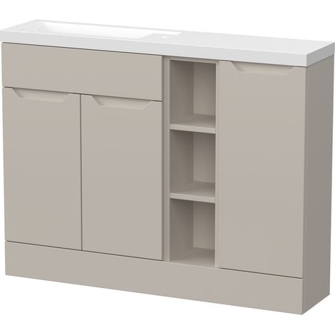 Teddesley Floor Standing Compact 3 Door Combination Vanity Basin Unit with Open Shelves and Polymarble Basin, 1100mm, Pebble Grey
