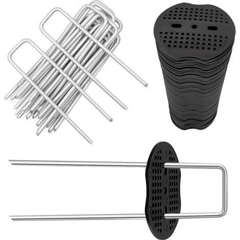 40 Pièces Piquets de Fixation avec Rondelles, Piquets de Jardin en Forme de U 150 mm x 40 mm, Ø 5 mm, Agrafes de Fixation pour Toile de paillage, Bache Anti-Mauvaises Herbes ((20 PCS /20 Rondelles) (1/4)