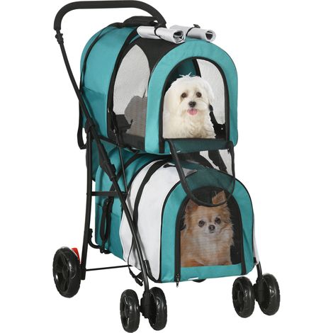 Cochecito Doble para Perros Gatos Plegable con 2 Transportines Extraíbles con Cinturón y Cojines 66x50x98cm Verde y Gris