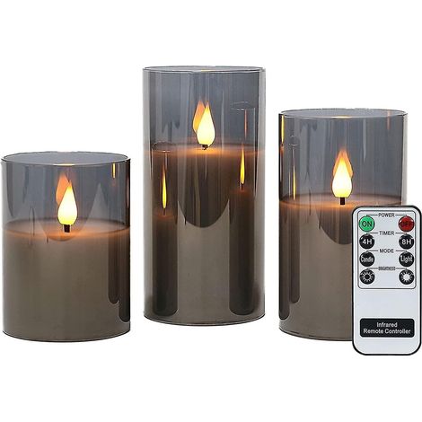 Bougie LED sans flamme en verre gris, alimentée par piles et avec télécommande, coffret cadeau, lumière blanche chaude (1/5)