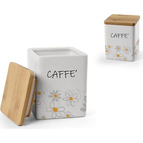 BARATTOLO QUADRATO PER CAFFÈ IN CERAMICA CON TAPPO IN LEGNO 10X13 CM DAISY