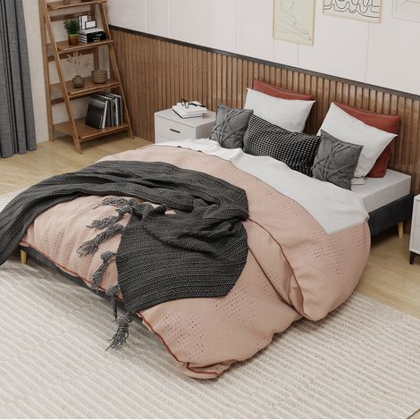 Letto matrimoniale in tessuto grigio 160x200 cm, struttura moderna a profilo basso (1/5)