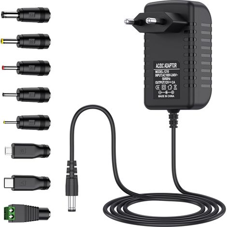 Adaptateur Secteur 12V 2A Alimentation AC220V 230V vers DC12V Pilote 5.5mm avec 8 adaptateurs de Prise 2000mA 1000mA 500mA convertisseur Chargeur AC-DC (Noir) (1/5)
