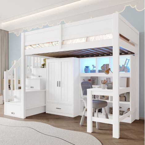 letto contenitore 90x200 con scrivania LED bianco casa HAVRYA (1/5)