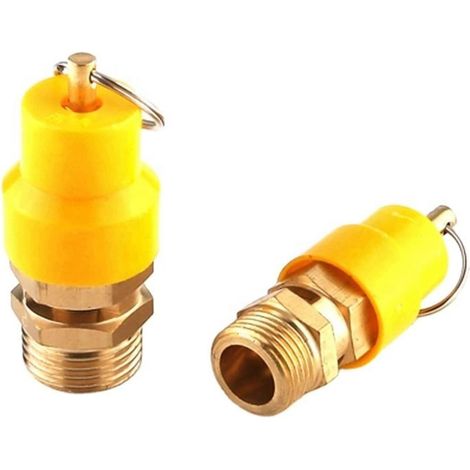 Lot de 2 soupapes de sécurité 3/8" BSP, 12 bar (≈174 PSI), soupape de surpression en laiton pour compresseur d'air, valve de vidange d'air comprimé avec capuchon de protection jaune, filetage (1/5)