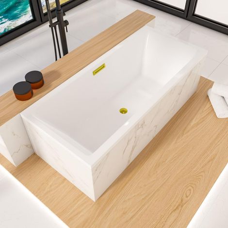 ECOLAM Badewanne Heaven Slim 180x80 cm  niedriger Rand moderne Wanne Rechteck Top QUALITÄT Acrylwanne I Ablauf Click Clack golden gold Füße Silikon Design