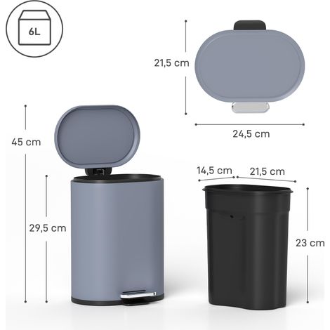 Poubelle cuisine 6L, poubelle à pédale en métal avec seau intérieur, couvercle à fermeture douce, 24,5x21,5x29,5cm, gris (1/5)