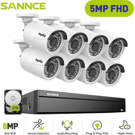 SANNCE Sistema de cámaras CCTV cable PoE,16 canales cámara de seguridad PoE de 5MP× 8,grabación 24/7 visión nocturna,2TB HDD (1/5)