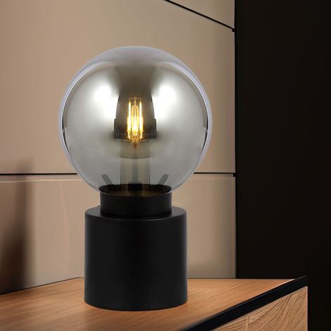 Tischlampe Schwarz Wohnzimmerlampe Tischleuchte Nachttischlampe Schlafzimmerleuchte, Rauchglas, 1x E14 Fassung, DxH 15x24,5 cm
