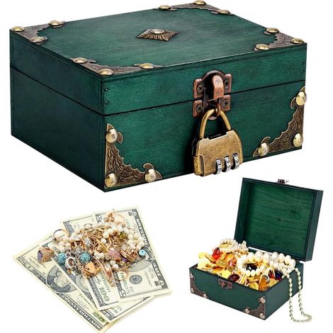 Coffre au trésor en bois vintage avec serrure Petite boîte à bijoux de rangement pour anniversaire d'enfant Boîte en bois pour le rangement et la décoration (1/5)