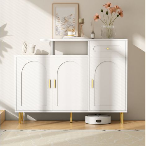 Buffet en panneaux de particules blanc 120 x 35 x 92 cm, 3 portes courbes et 1 tiroir (1/5)