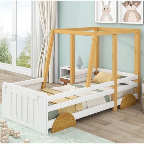 Autobett 90x200 cm aus Holz und MDF, Weiß/Natur, mit Seitengittern, ohne Matratze – MEUBLIV (1/5)