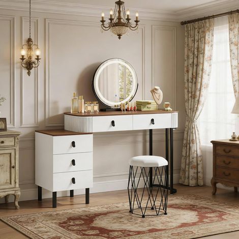 Tavolo da toeletta 125/40/100 cm con specchio LED dimmerabile e pouf, bianco/marrone (1/5)