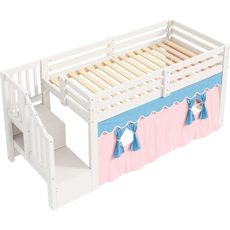 Halbhohes Bett 90x200 cm aus Kiefernholz/MDF mit Vorhängen und LED, Weiß (1/5)