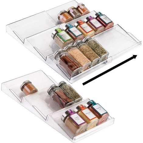 Étagère à épices à 3 niveaux - Étagère à épices en PVC extensible pour tiroir de cuisine - Tiroir pour ranger les épices, les condiments, les herbes et plus encore. - transparent (1/5)