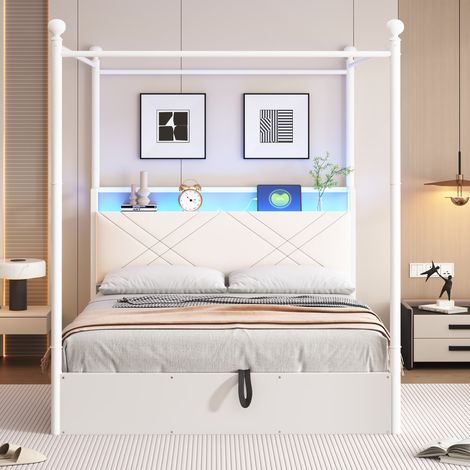 Lit double 140 x 190 cm, avec LED + rangement relevable hydrauliquement et baldaquin en fer forgé,port USB/Type-C, blanc (1/5)