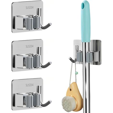 Accroche Balai Mural avec Crochet, 3 Pcs Inoxydable Porte Balais Mural Accroche Balai Mur al Sans Percer Auto-Adhésif Support Balais Mu ral pour Cuisine Garage Jardin Salle de Bain (Argent) (1/2)