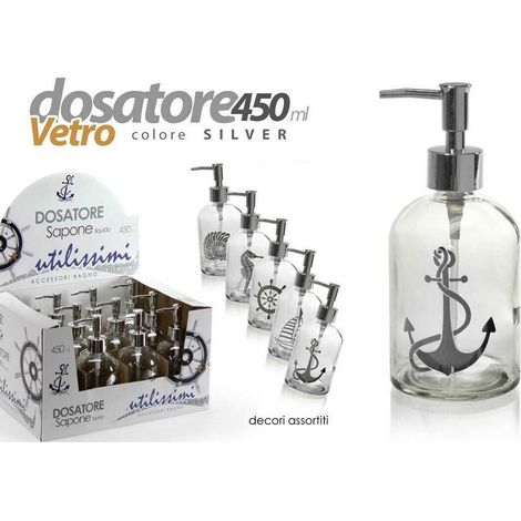 Kaela - Porta Sapone Liquido Dosatore Silver 450ml 8x18 Cm Vetro Decori Assortiti 775680 - (1/3)